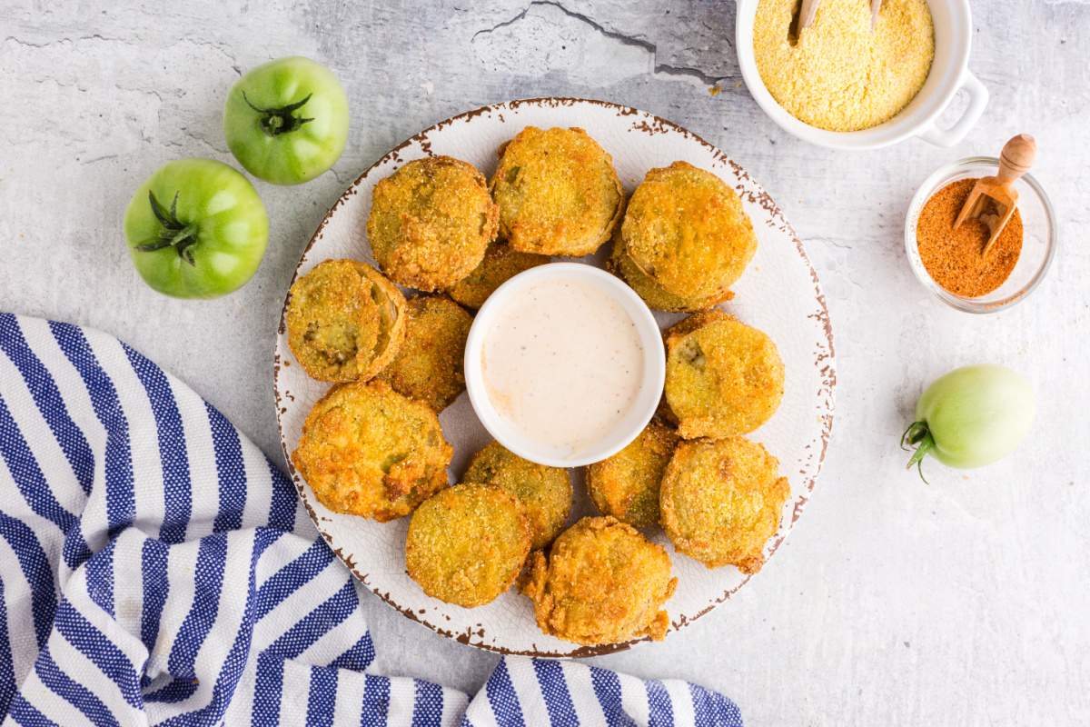 Fried Green Tomatoes on a plate with dipping sauce