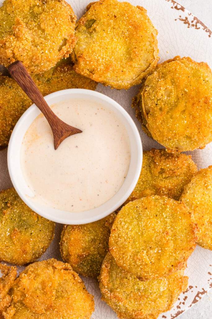 Fried Green Tomatoes on a plate with dipping sauce