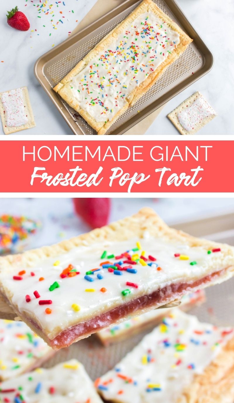 This Homemade Giant Frosted Pop Tart has a buttery pastry crust, with the warm, sweet filling oozing out and with frosting melted on top. via @familyfresh
