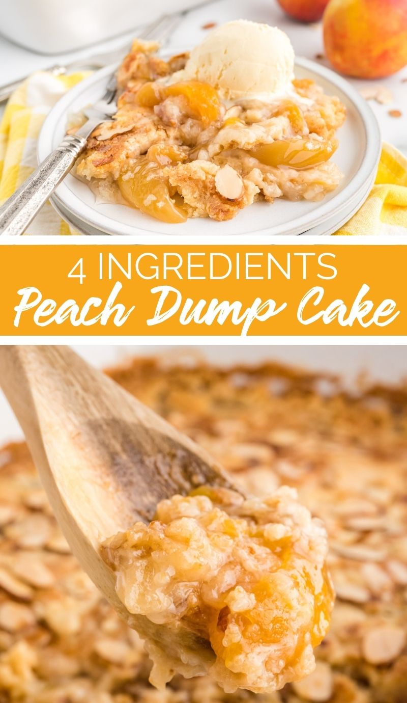 This delectable peach dump cake is a delightful summer dessert! A luscious, golden crust adorned with toasted almond slices top a mouth watering bed of sweet peaches. via @familyfresh