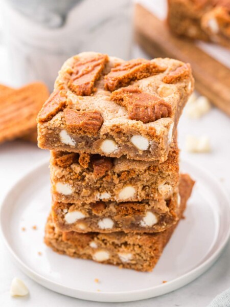 Biscoff Blondies stacked on a plate
