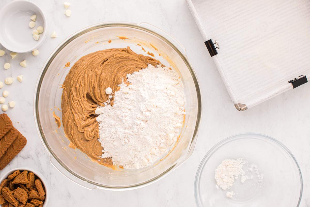 adding dry mixture to batter