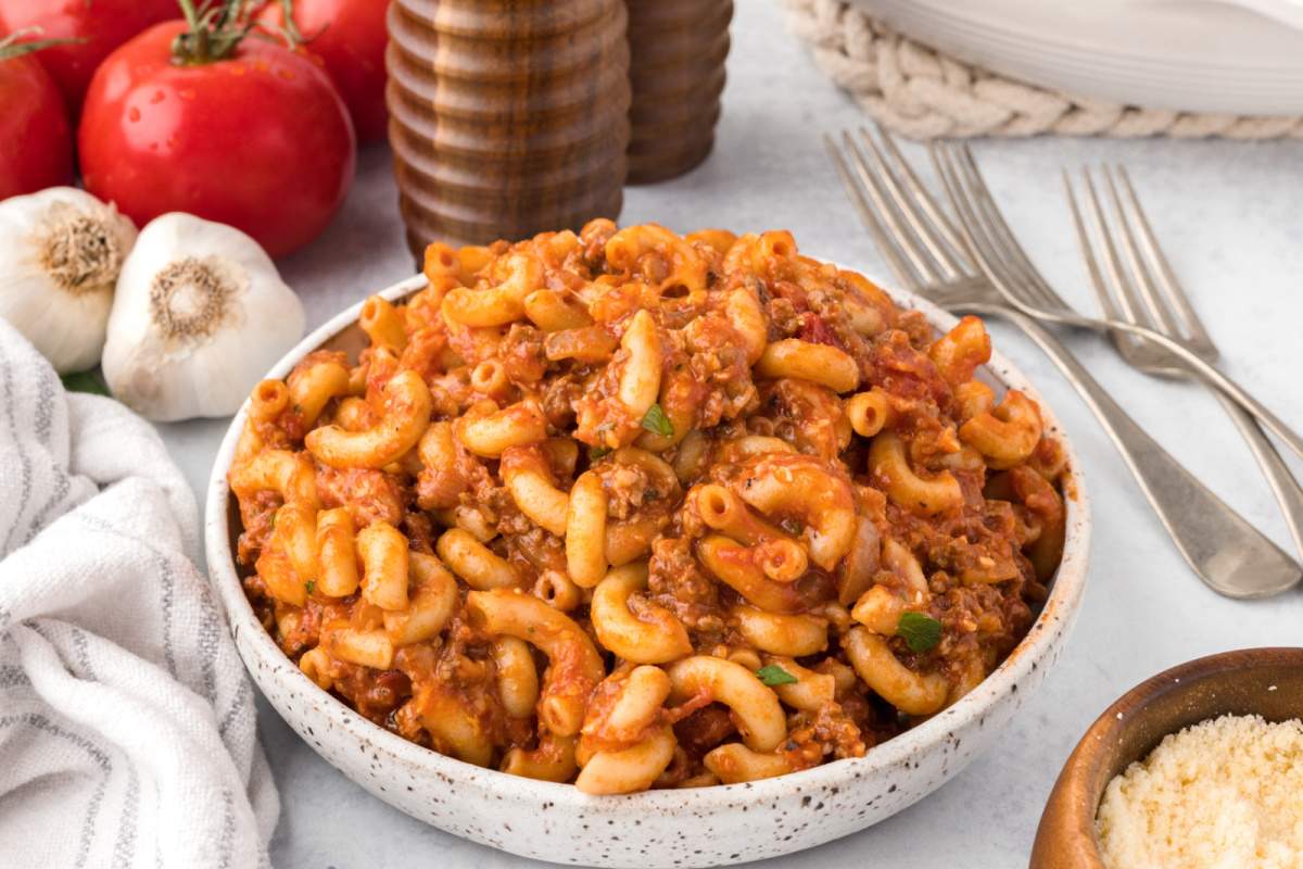 Homemade Beefaroni in a bowl