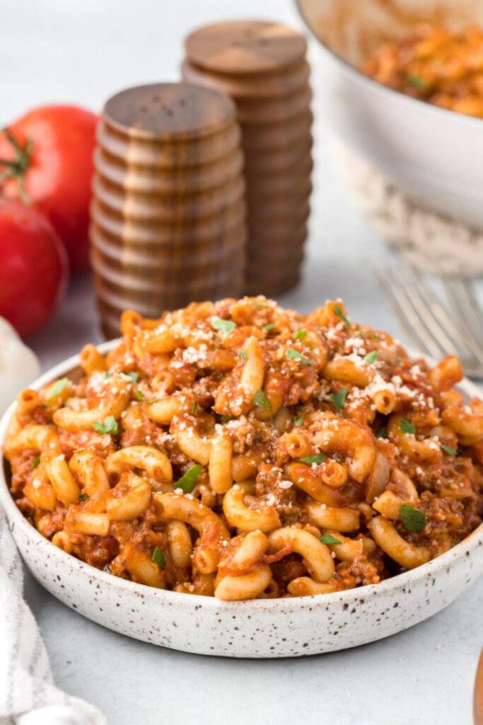 Homemade Beefaroni in a bowl