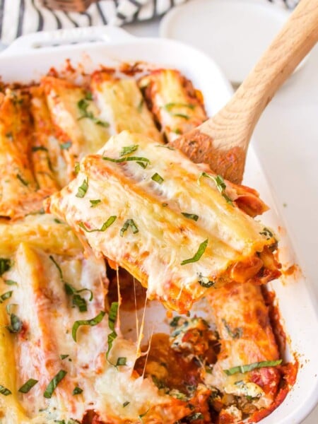 Italian Sausage Manicotti in a baking pan