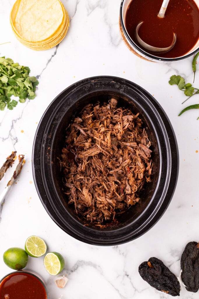 Birria Taco Meat in a slow cooker