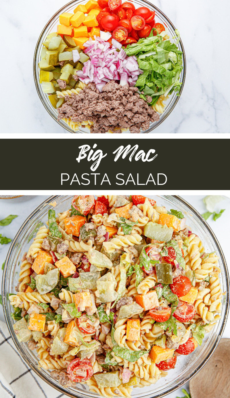 This Big Mac Pasta Salad is sweet and tangy, loaded with the same flavor notes and irresistible textures of a classic Big Mac burger, but in pasta salad form. via @familyfresh