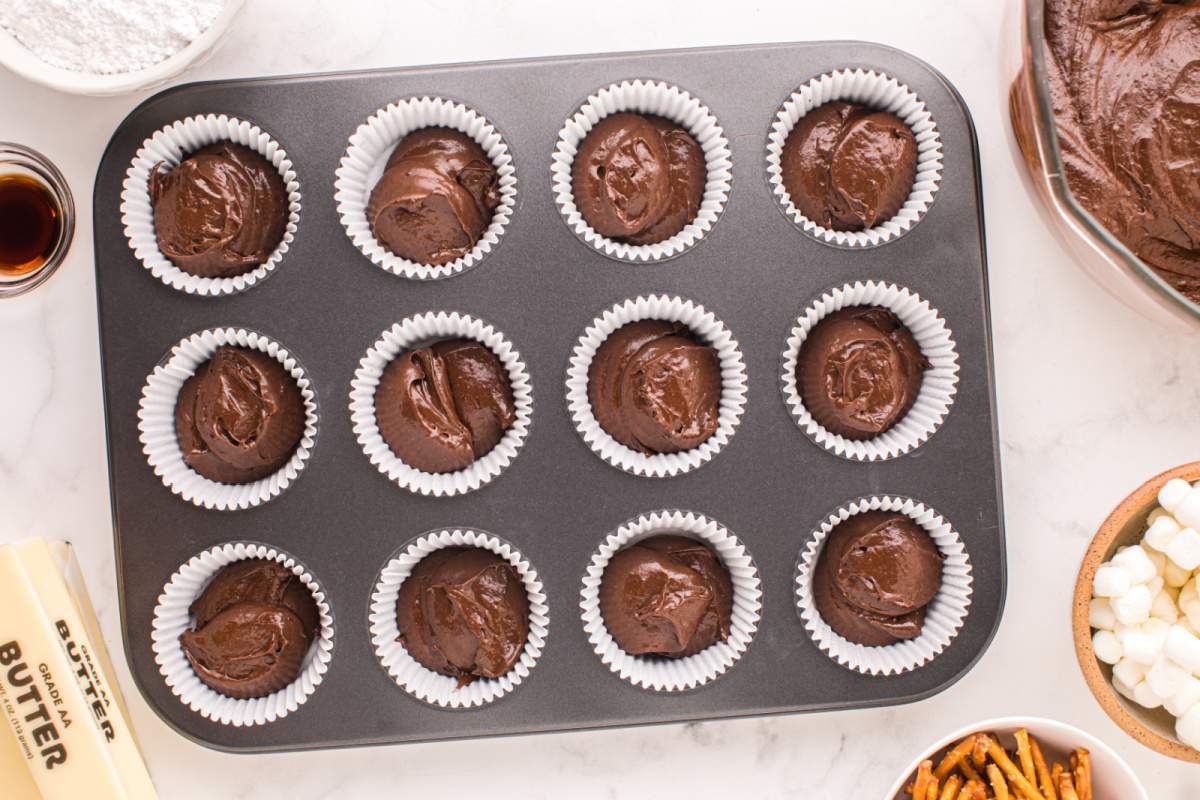 cake mix added to muffin tin