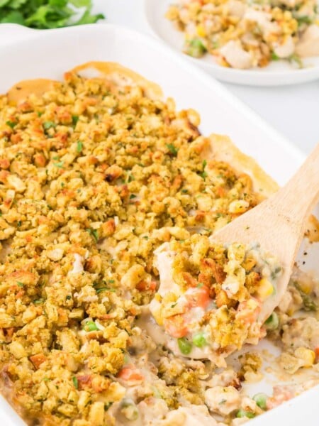 Easy Chicken Stuffing Casserole in a baking dish