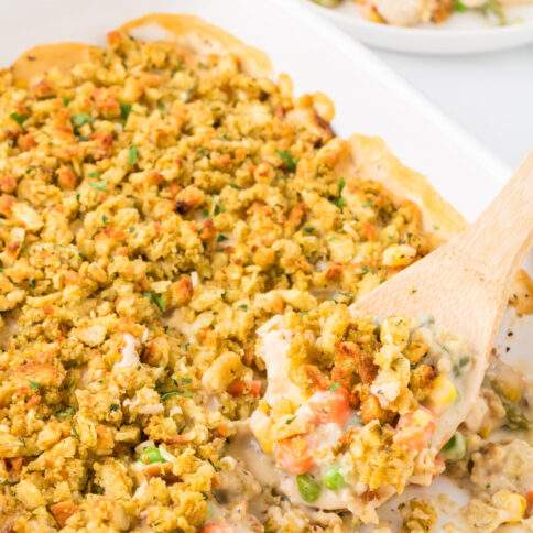 Easy Chicken Stuffing Casserole in a baking dish
