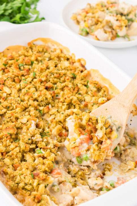 Easy Chicken Stuffing Casserole in a baking dish