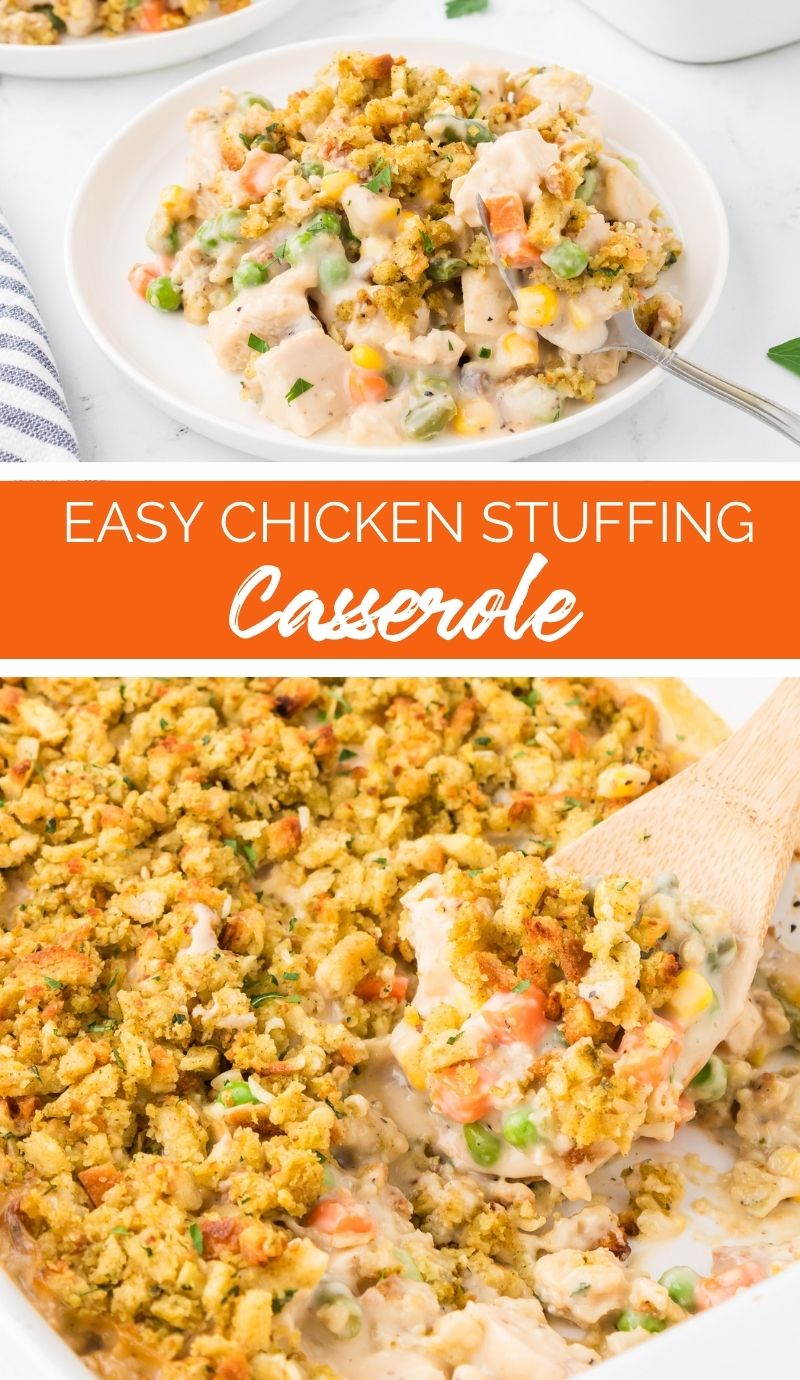 This Easy Chicken Stuffing Casserole is a complete chicken dinner with all the fixings in one pot. It can satisfy your roast chicken cravings in 45 minutes. via @familyfresh