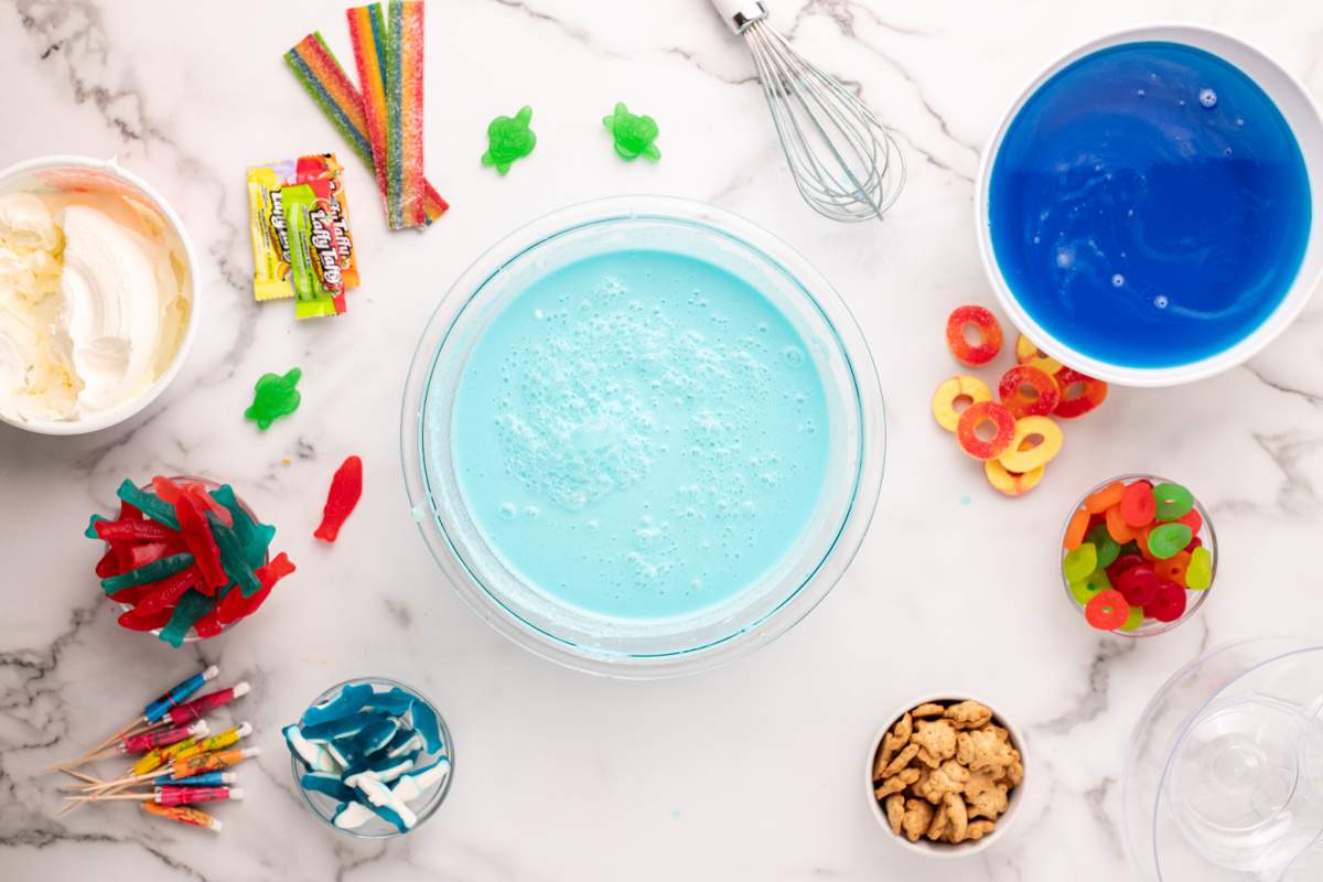 light blue gelatin mix in bowl