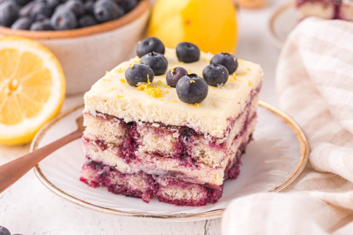 Lemon Blueberry Tiramisu cake on a plate