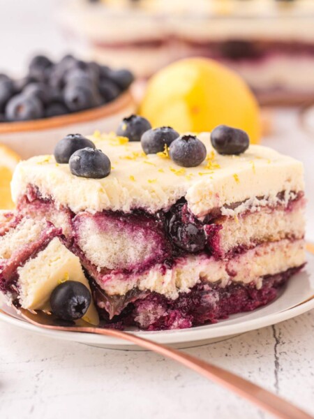 Lemon Blueberry Tiramisu cake on a plate