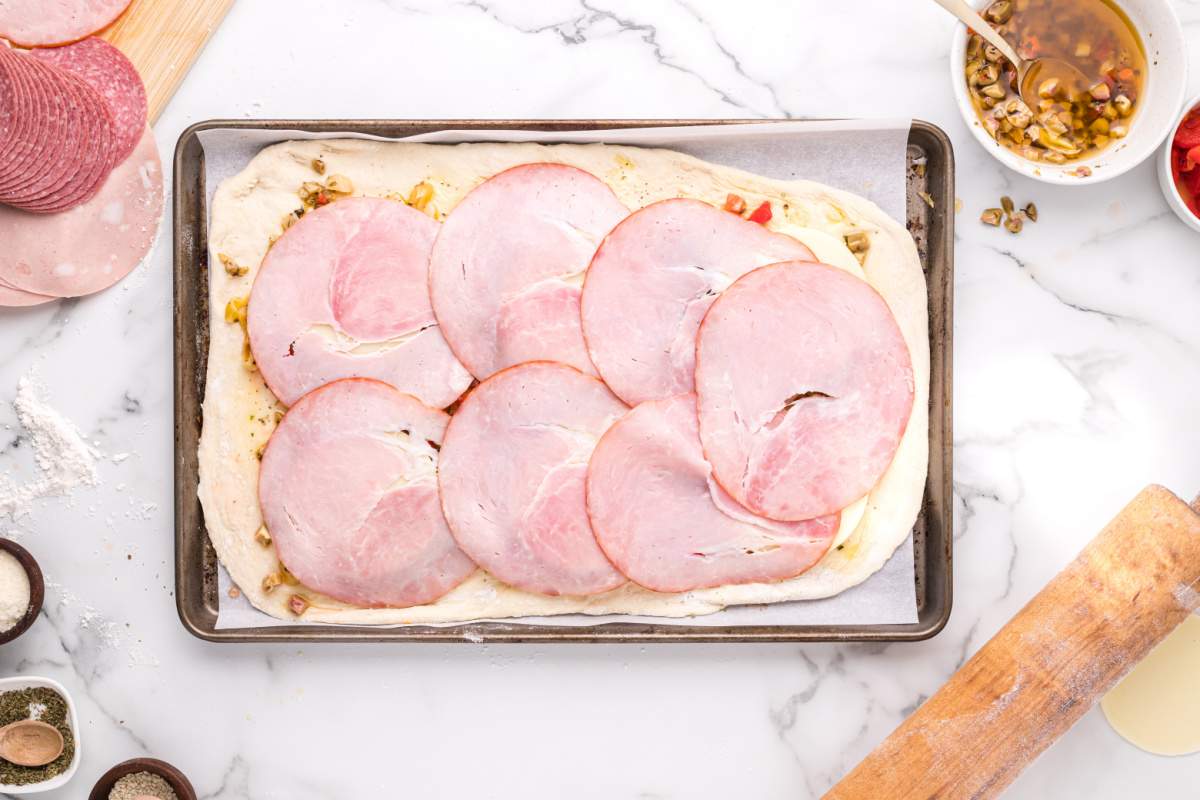 ham slices added to dough