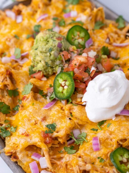 Slow Cooker Chicken Nachos on a baking sheet