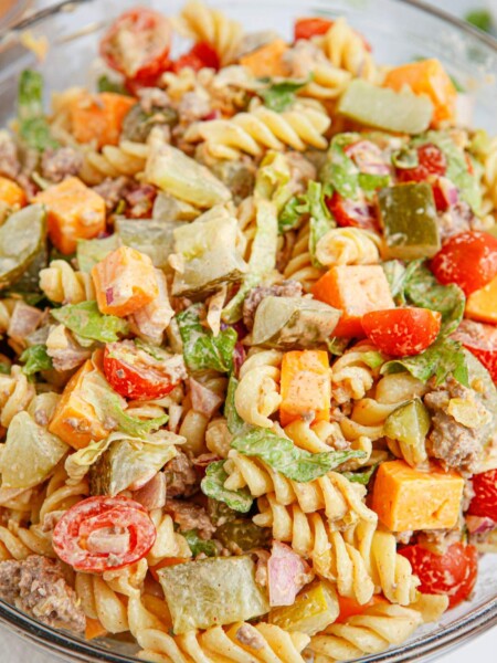 Big Mac Pasta Salad in a bowl