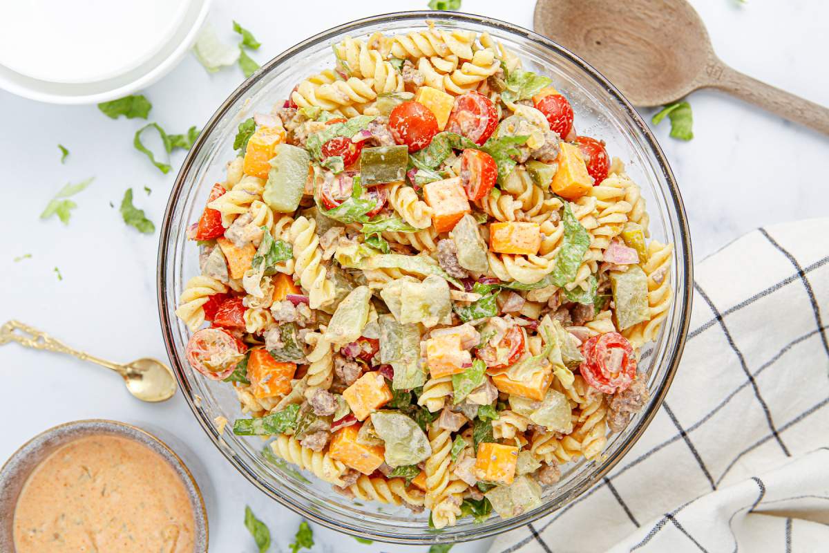 Big Mac Pasta Salad in a bowl