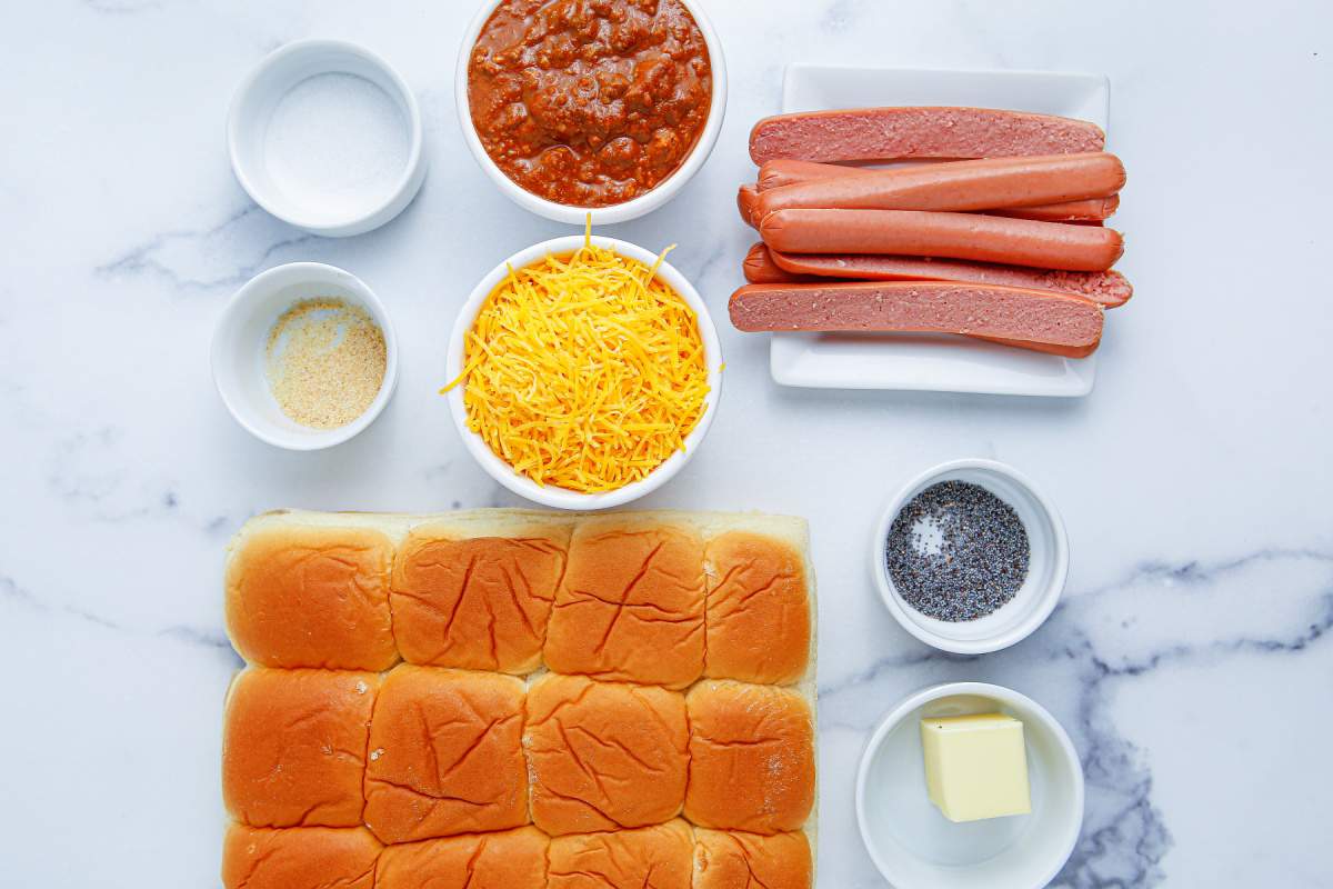 ingredients for chili cheese dog sliders