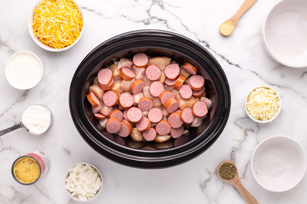 kielbasa added to slow cooker