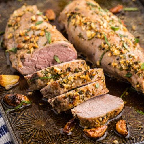 Garlic Roasted Pork Tenderloin on a pan