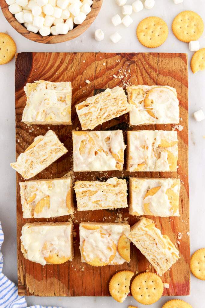 Ritz Krispie treats on a cutting board