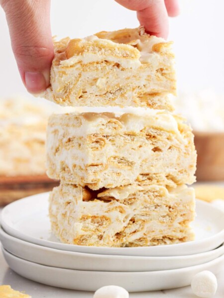 Ritz Krispie Treats stacked on a plate