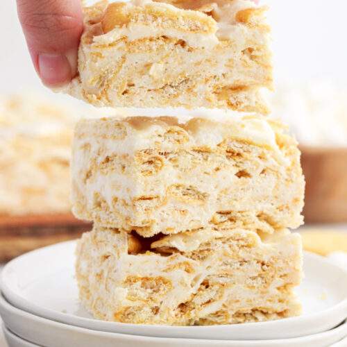 Ritz Krispie Treats stacked on a plate