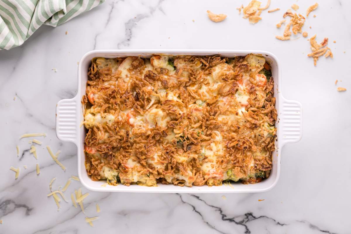 baked vegetable casserole in a casserole dish