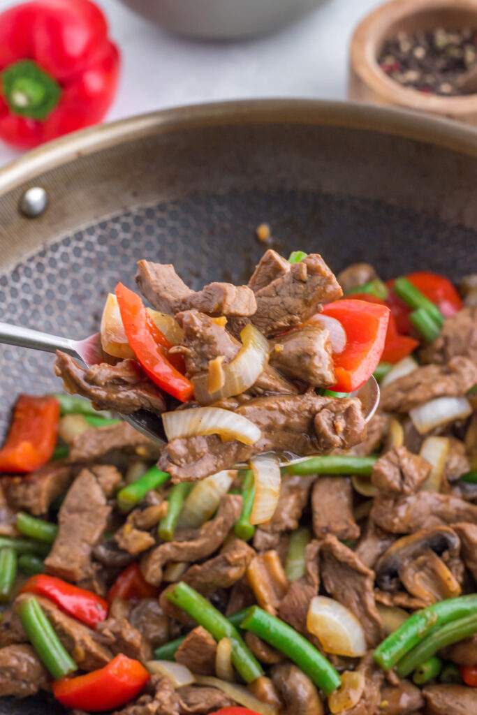 Copycat Panda Express Black Pepper Beef in a pan