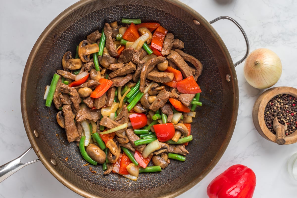 beef and veggies together in pan