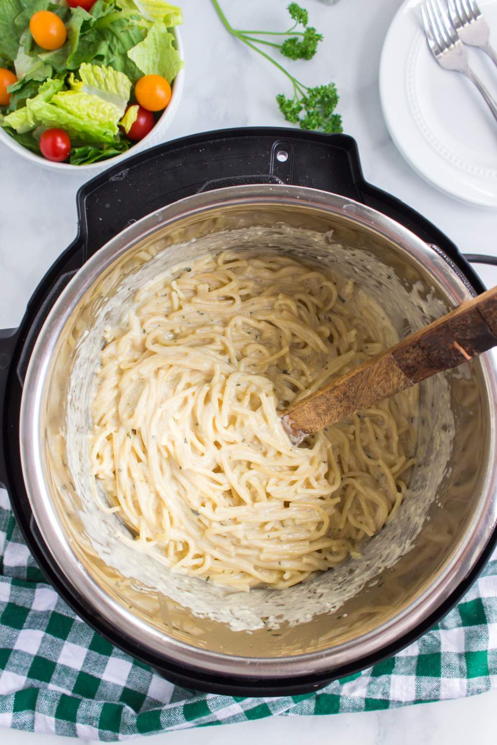 Instant Pot Cheesy Garlic Butter Spaghetti in pressure cooker