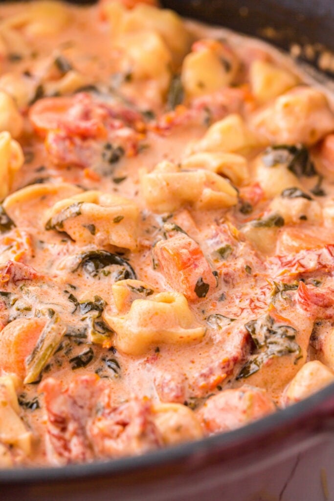 Creamy Tortellini Soup in a pot.