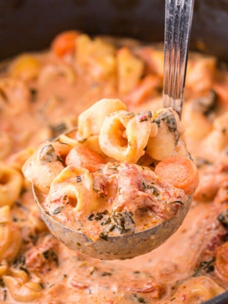 Creamy Tortellini Soup being scooped up with a laddle