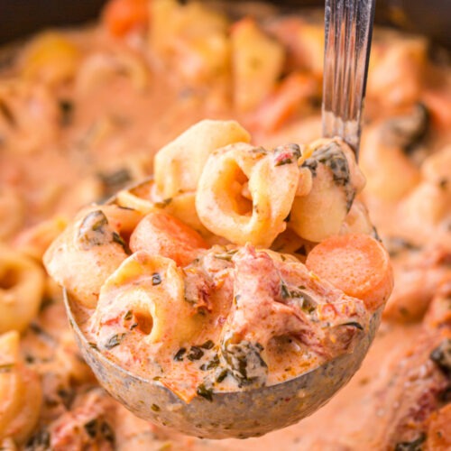 Creamy Tortellini Soup being scooped up with a laddle