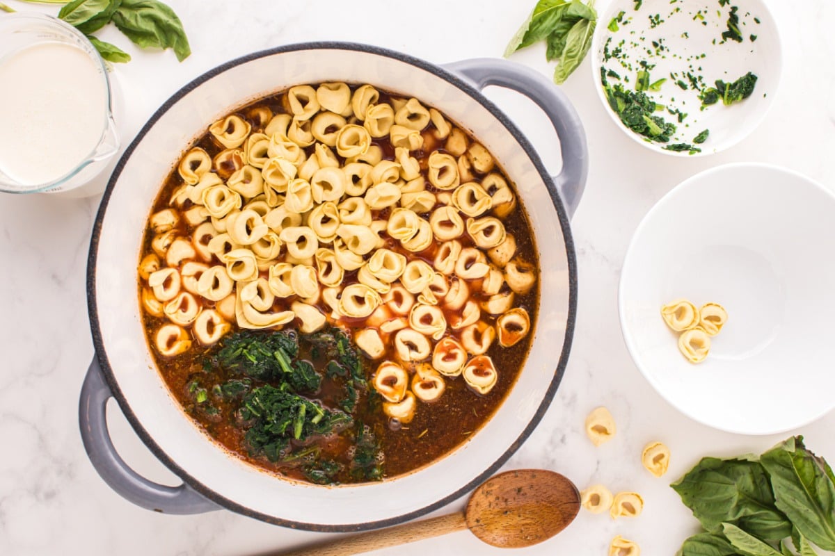  tortellini and the frozen spinach added to pot