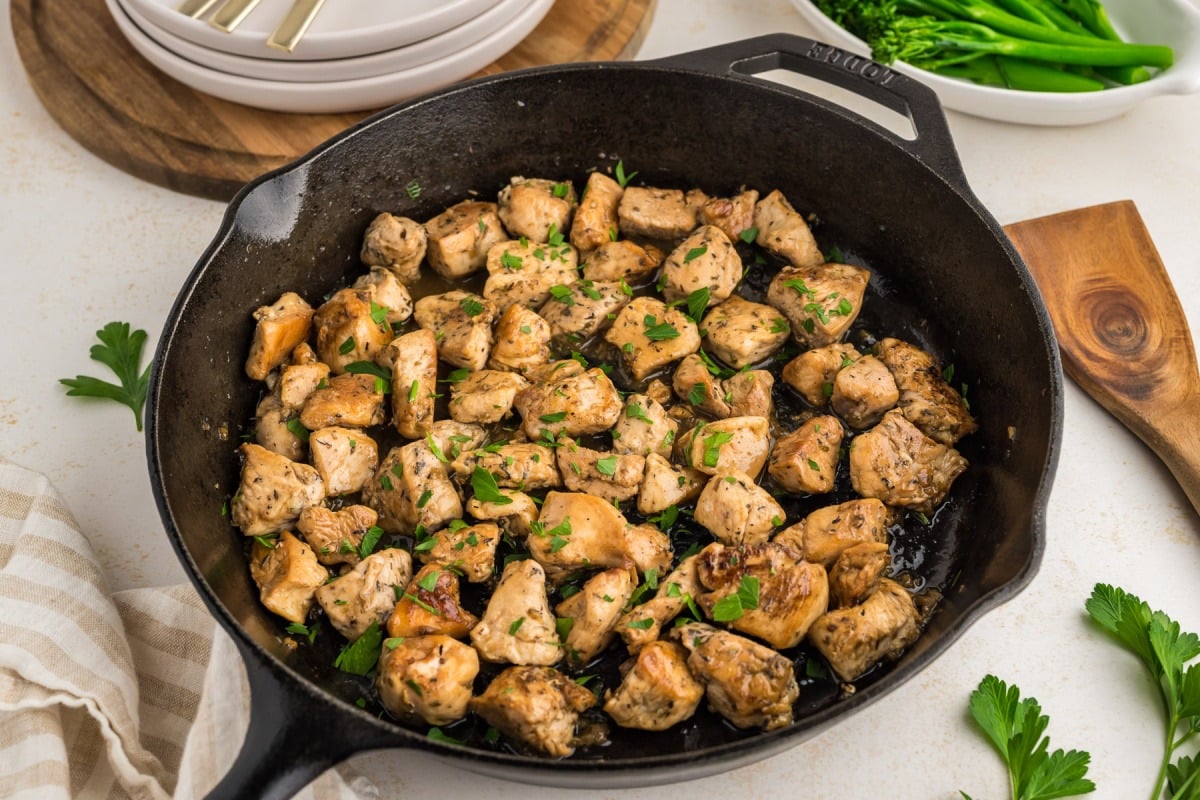 Garlic butter chicken bites in a pan