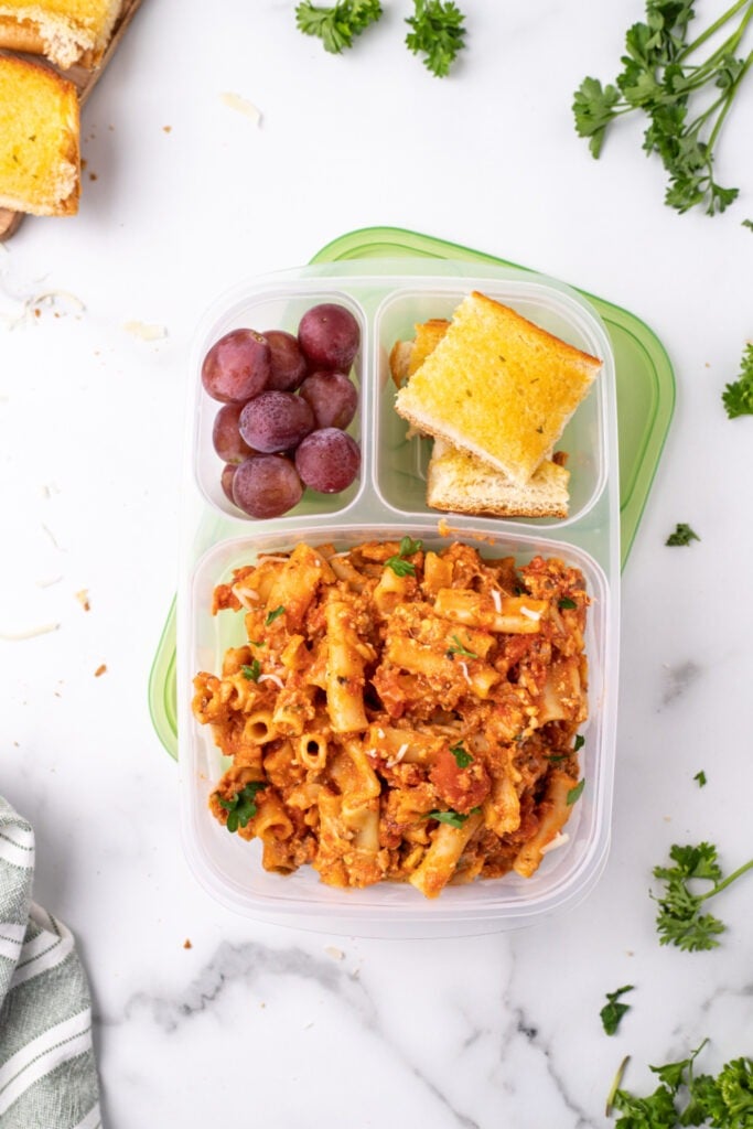 Slow Cooker Baked Ziti packed in a lunch box