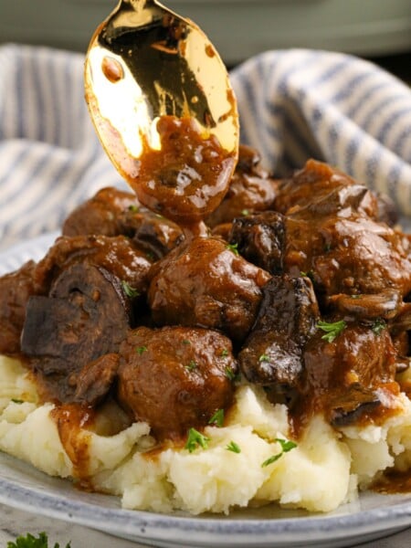 Slow Cooker Salisbury Meatballs on a plate