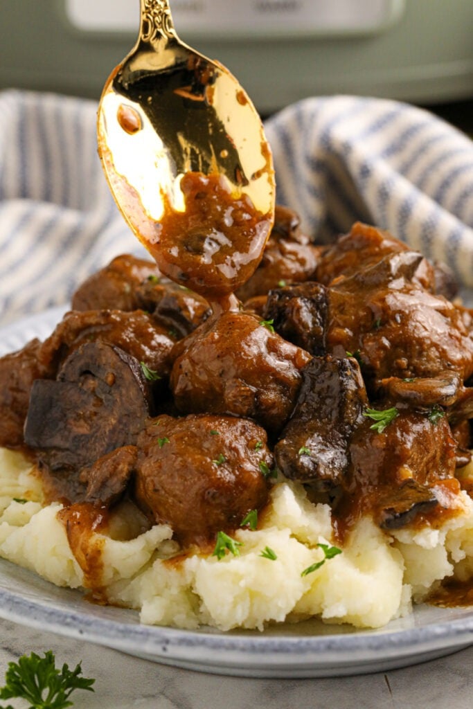 Slow Cooker Salisbury Meatballs on a plate