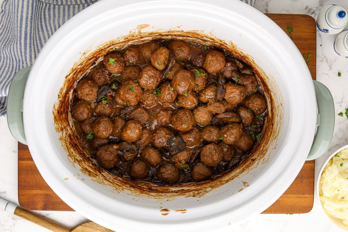Slow Cooker Salisbury Meatballs in a slow cooker