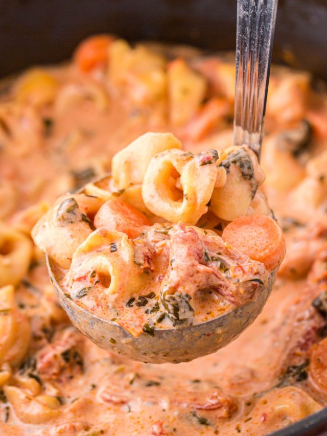 Creamy Tortellini Soup being scooped up with a laddle