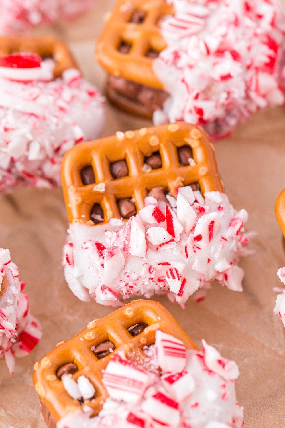 Christmas Caramel Pretzel Bites on parchment paper