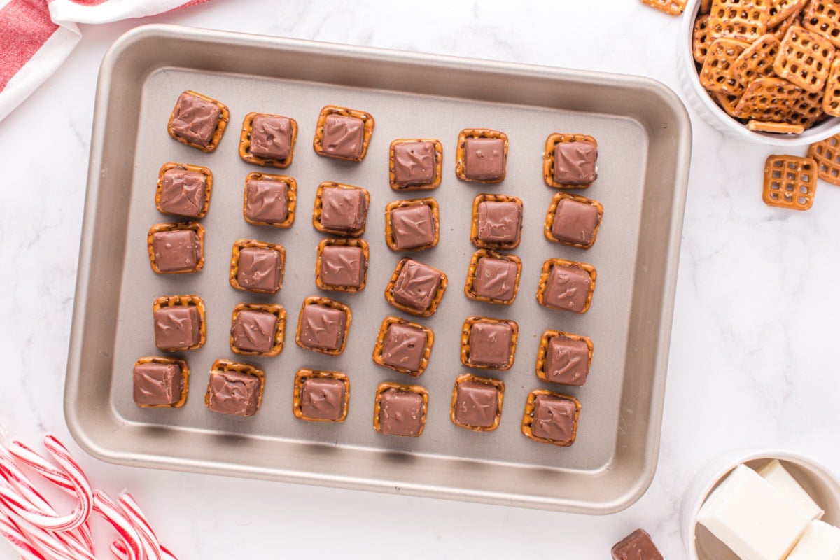 chocolates placed on top of pretzels