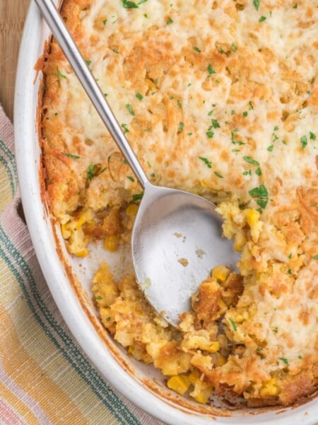 Grandma's Famous Corn Casserole in a baking dish