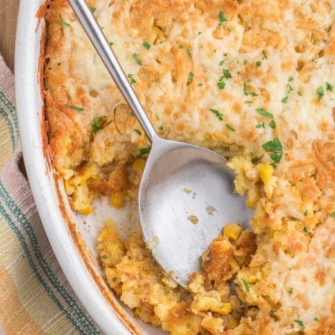 Grandma's Famous Corn Casserole in a baking dish