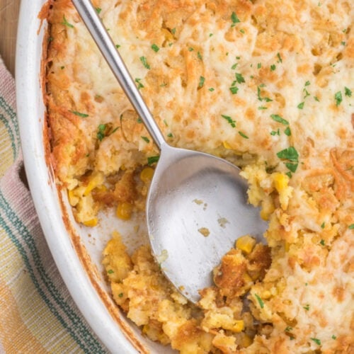 Grandma's Famous Corn Casserole in a baking dish