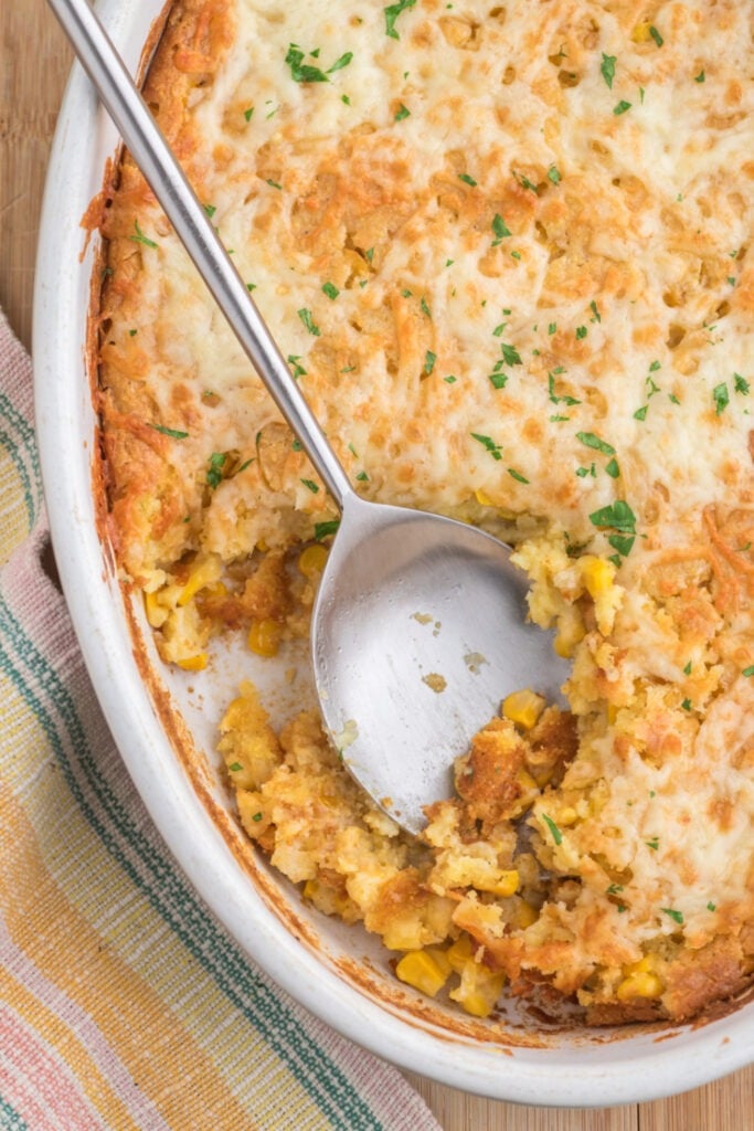 Grandma's Famous Corn Casserole in a baking dish