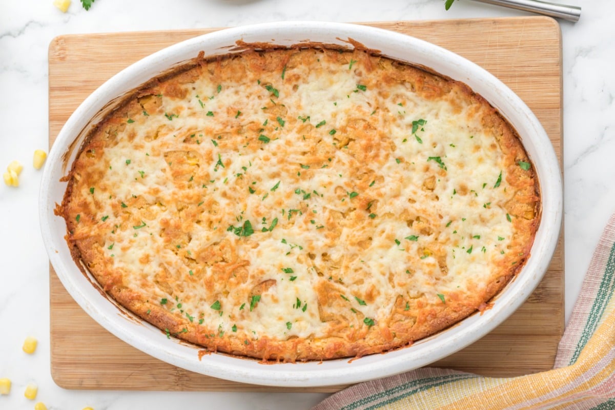 Grandmas Famous Corn Casserole in a sultry dish